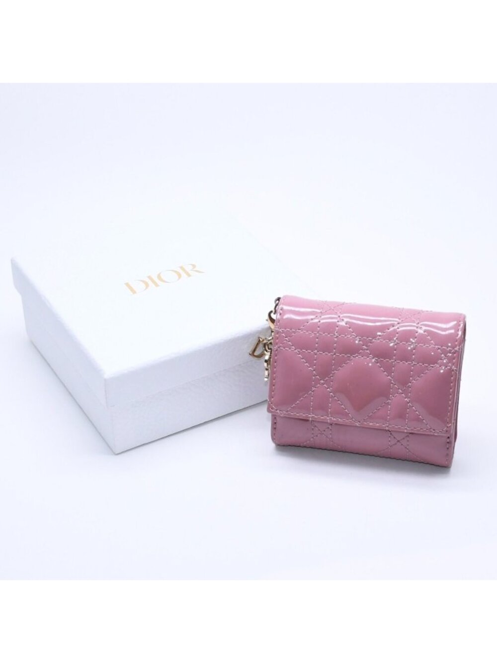 Dior Lady Lotus Wallet Patent Calfskin Cannage Pink Trifold
